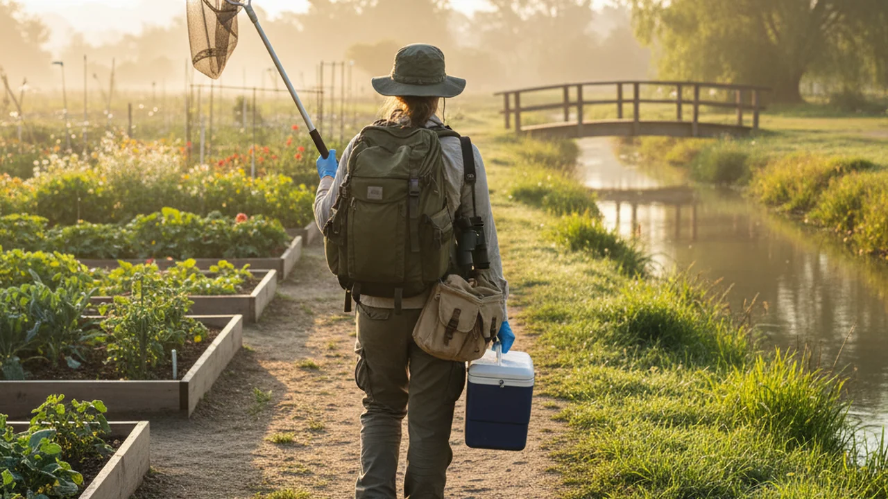 A student field scientist at a park edge with gloves, notebook, GPS, sample bag and soil corer.