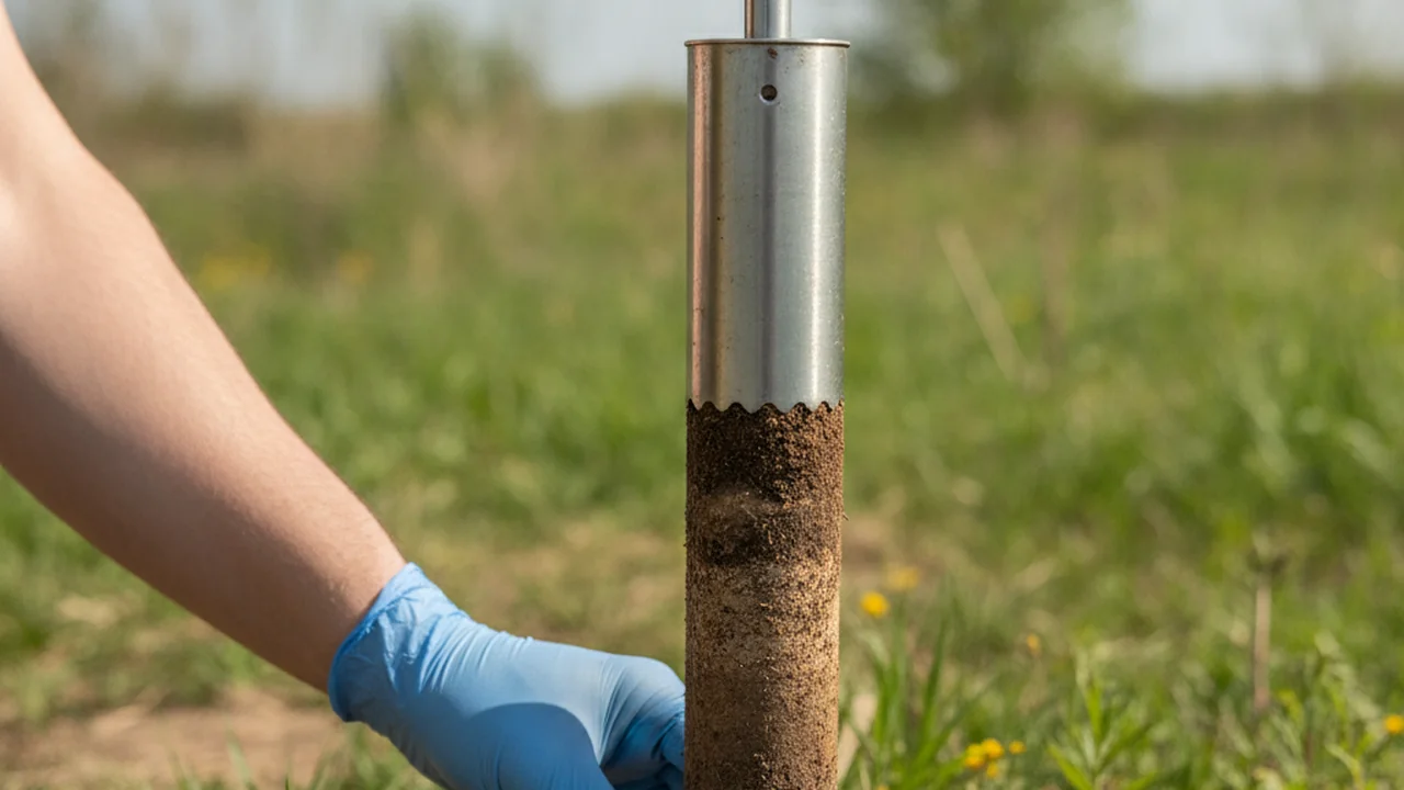 Gloved hands inserting a metal soil corer about one inch into the soil beside an open sample bag.