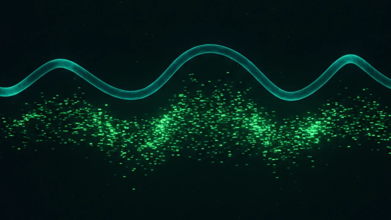 Molecular animation showing short DNA reads aligning to a longer, established reference genome sequence, with luminous DNA strands and deep navy/teal palette.