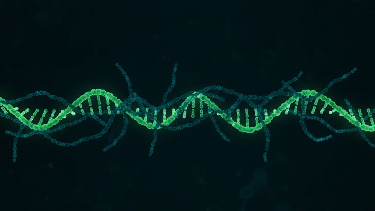 Molecular animation showing short DNA reads overlapping and assembling into longer, continuous contig sequences without a reference, with luminous DNA strands and deep navy/teal palette.