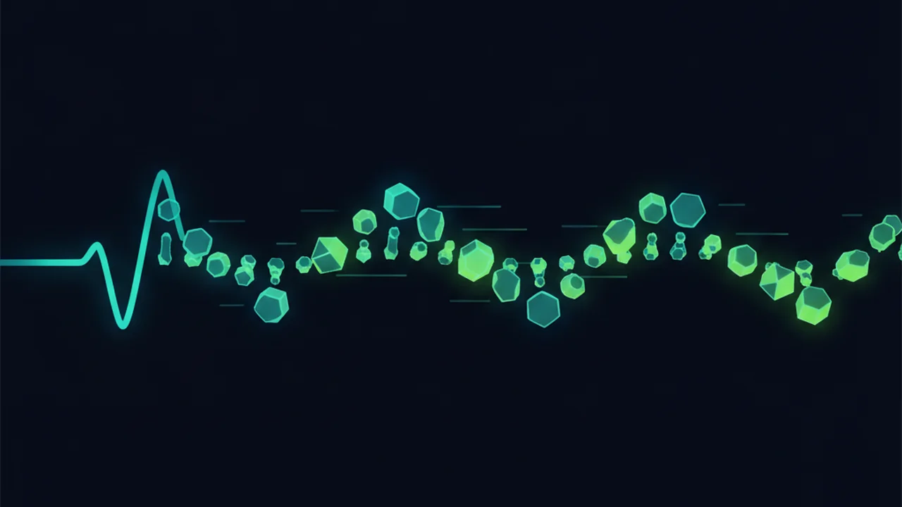Molecular animation showing an electrical squiggle waveform transforming into a readable DNA sequence of A, T, C, G bases, with luminous DNA strands and deep navy/teal palette.