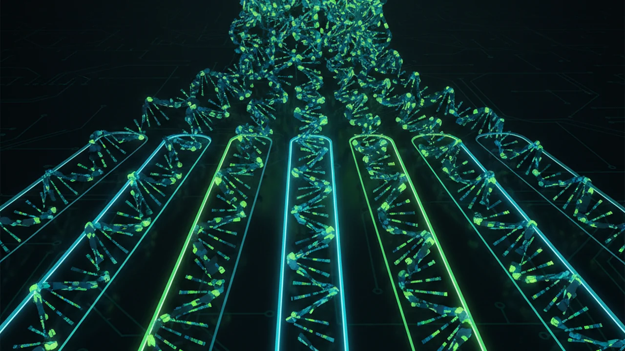 Digital visualization of DNA reads with different colored barcodes separating into distinct, labeled folders representing individual samples, with subtle teal and bioluminescent green overlays.