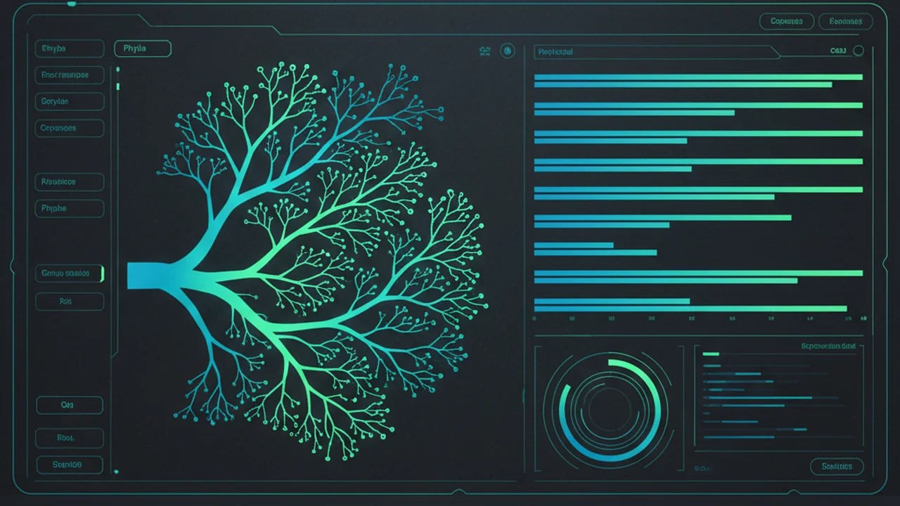 Screenshot of a dashboard-style bioinformatics interface, possibly EPI2ME, displaying a taxonomic tree, bar charts, and icons representing various biological databases. Focus is on workflow, not specific results, with subtle teal and bioluminescent green overlays.