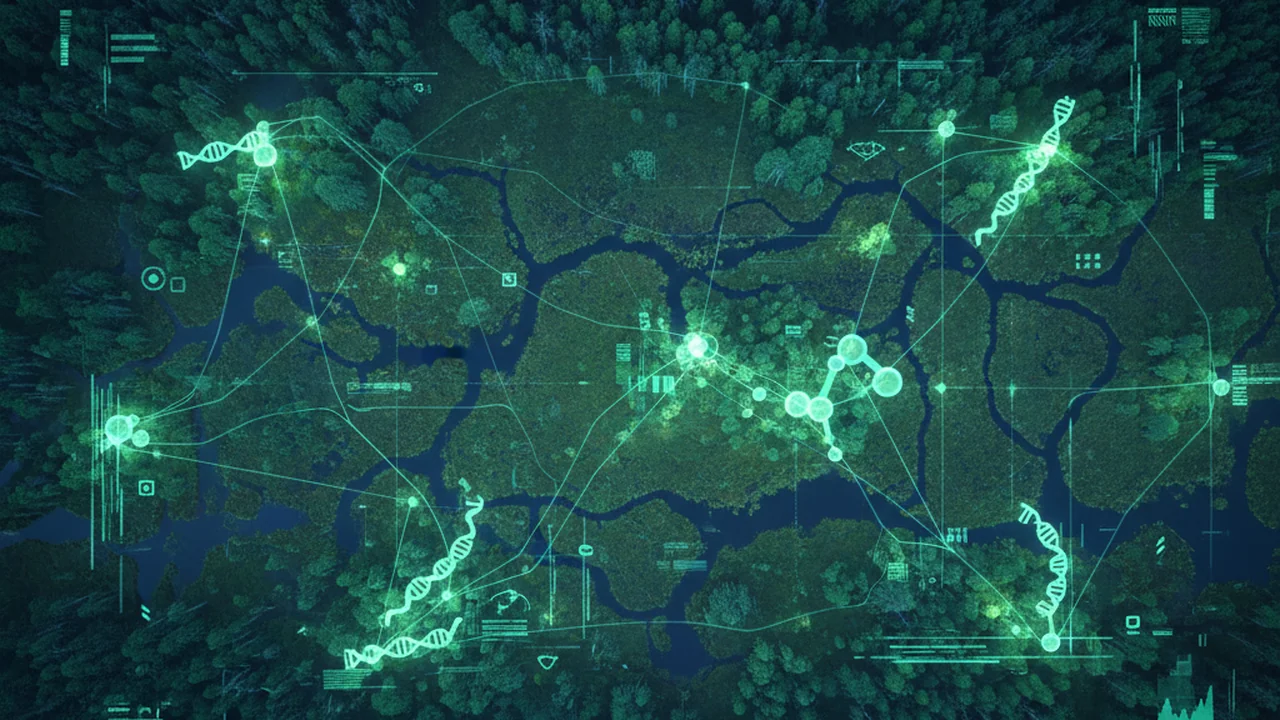 Overhead view of an original field sampling site (e.g., a forest or wetland) with transparent data layers overlaid, showing microbial diversity, abundance, and environmental context like pH or temperature gradients, with subtle teal and bioluminescent green overlays.