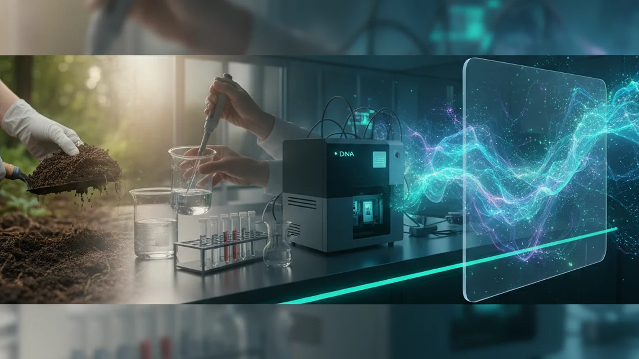 Montage of the entire metagenomics workflow: hands collecting a soil sample in the field, pipetting in a clean lab, DNA extraction, a gel electrophoresis image, a sequencing device, and a computer screen displaying bioinformatics analysis, all in a photorealistic, cinematic style.