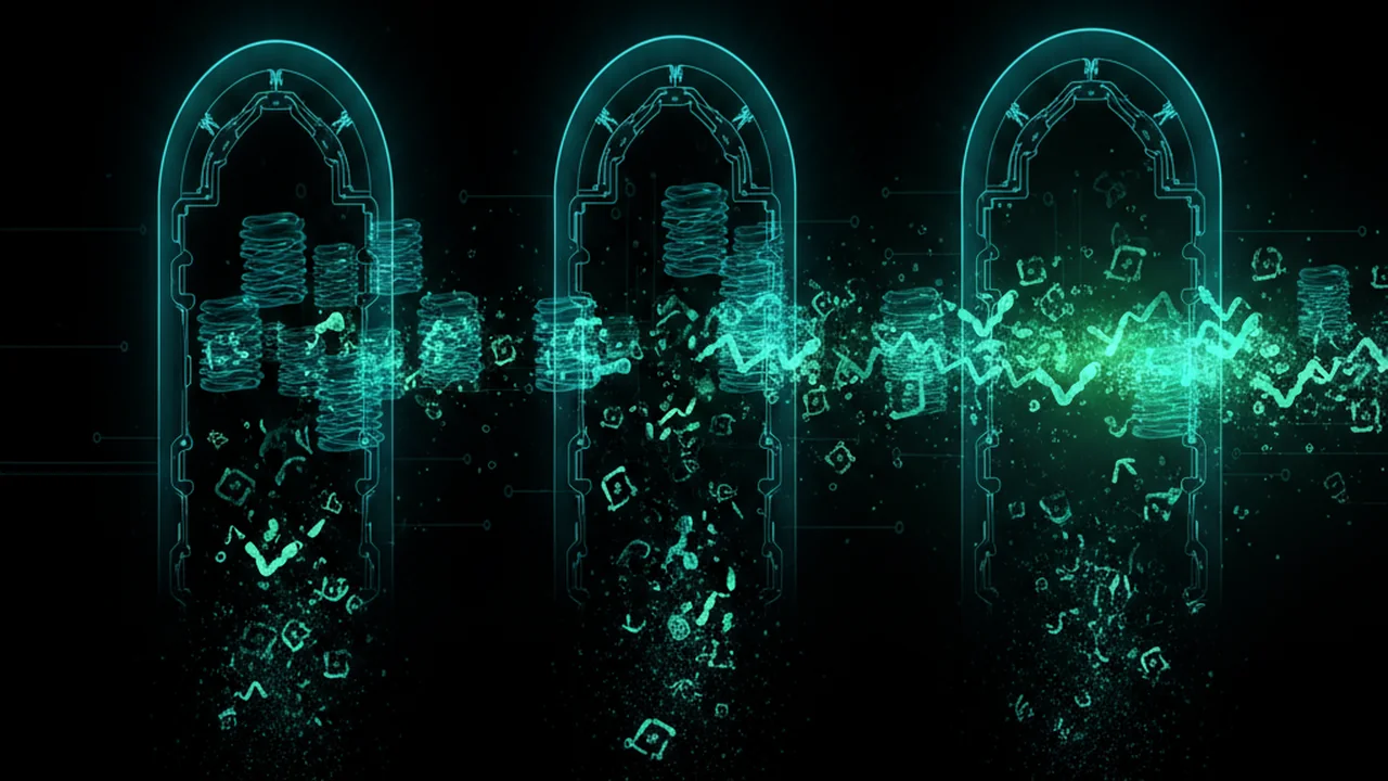 Digital visualization of FASTQ file icons moving through a series of quality control filters. Low-quality reads are shown fading away, while high-quality reads continue along the workflow, with subtle teal and bioluminescent green overlays.