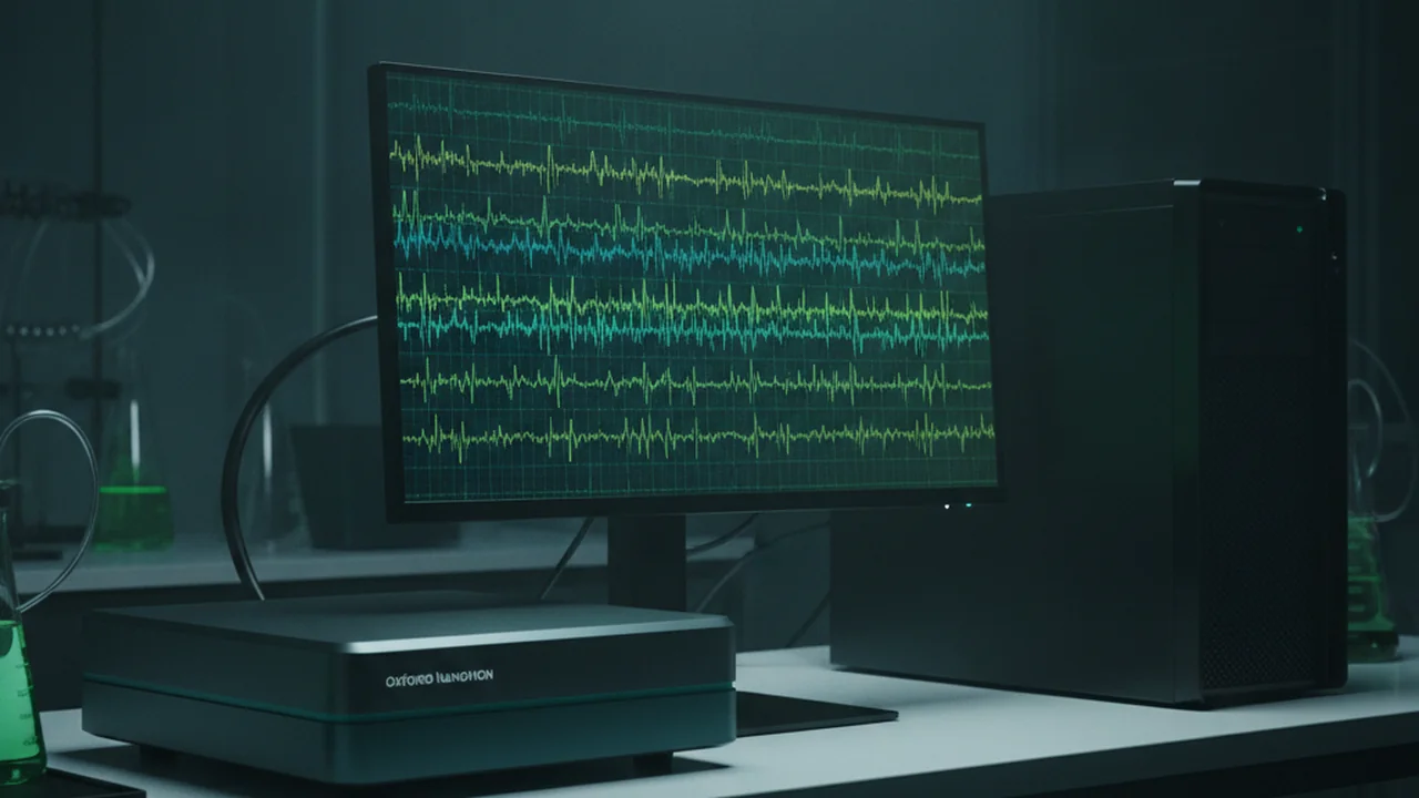 Nanopore sequencer device connected to a computer, displaying streaming electrical signal traces on the screen with subtle teal and bioluminescent green overlays.