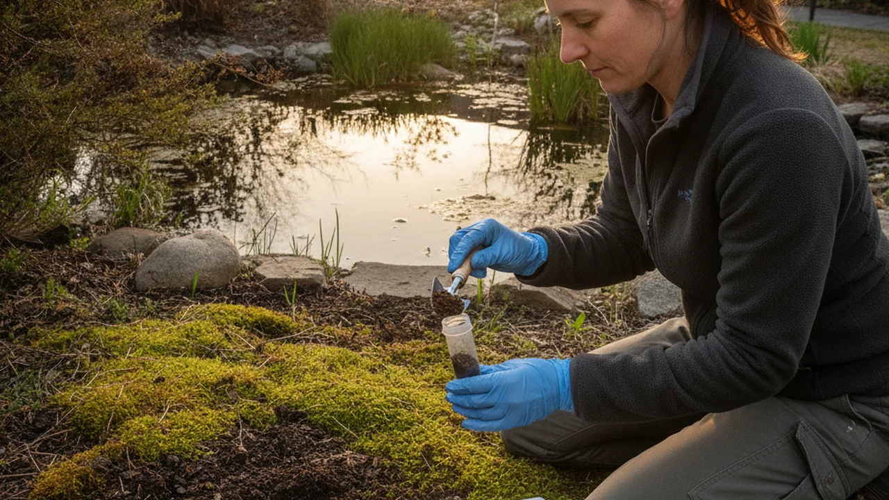 A citizen scientist wearing gloves collects a soil sample into a sterile tube beside a pond