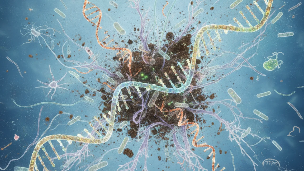 Zoomed-in view of a mixed environmental sample, with many DNA strands flowing out. Label-free icons represent diverse bacteria, fungi, and other environmental DNA.