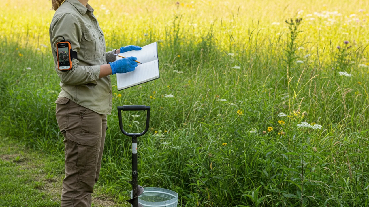 A student field scientist at a park edge with gloves, notebook, GPS, sample bag and soil corer.