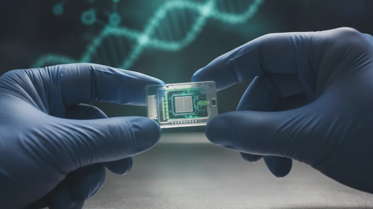 Photorealistic macro shot of gloved hands carefully checking a nanopore flow cell, opening the priming port, and precisely pipetting buffer into it.