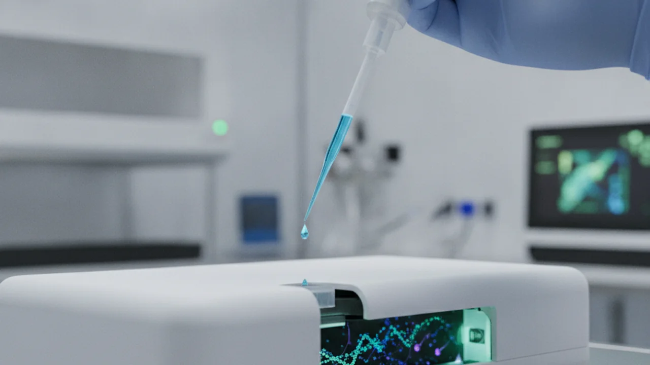 Animation showing the final library being loaded into the nanopore flow cell, followed by a flow cell wash animation clearing channels and waste.