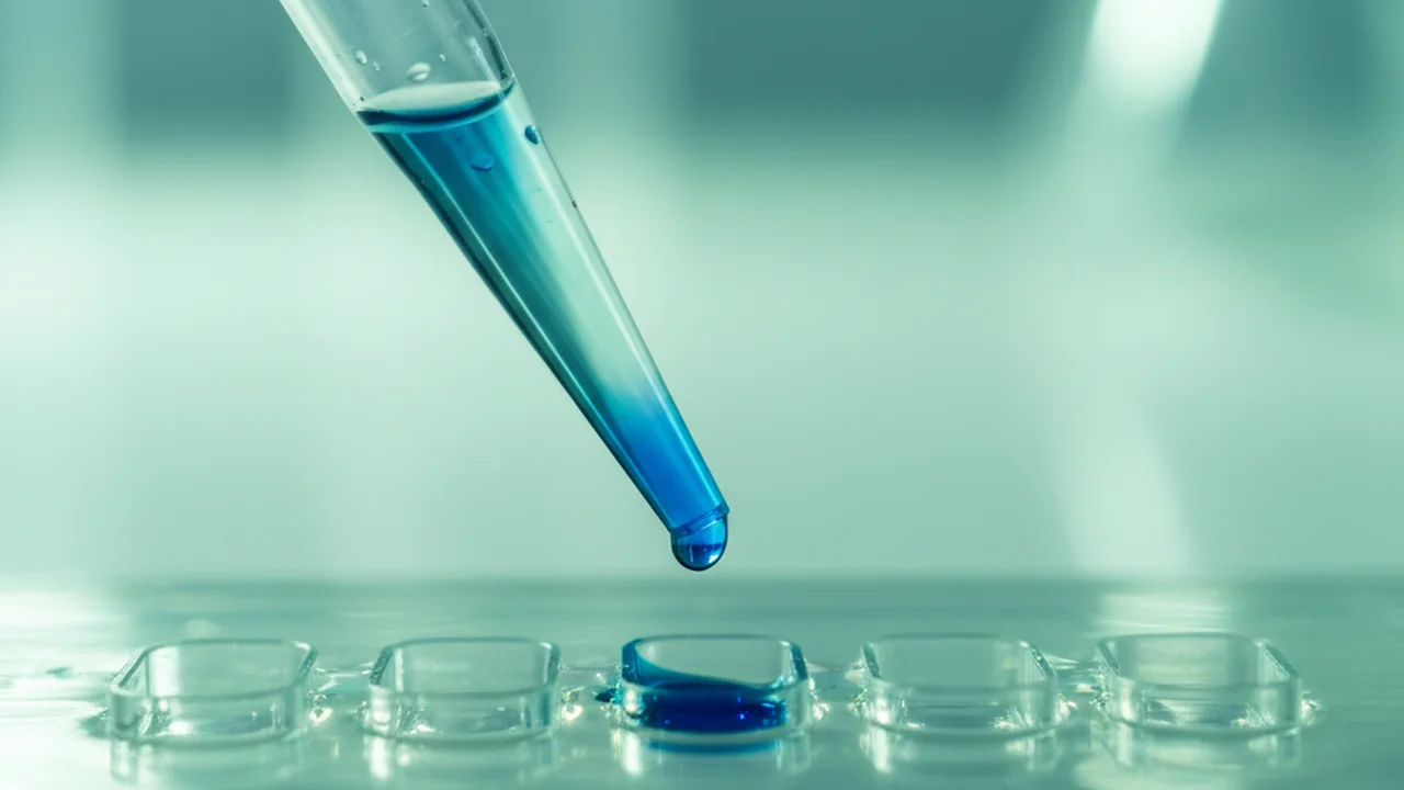 Macro laboratory shot: a solid agarose gel is placed into a running box, buffer is added to cover the gel, and the comb is carefully removed. A DNA ladder is loaded into the far-left well using a micropipette, followed by PCR samples loaded sequentially from left to right into subsequent wells.