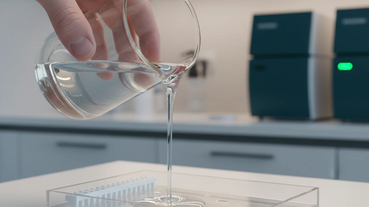 Pouring molten agarose into a casting tray with a comb.