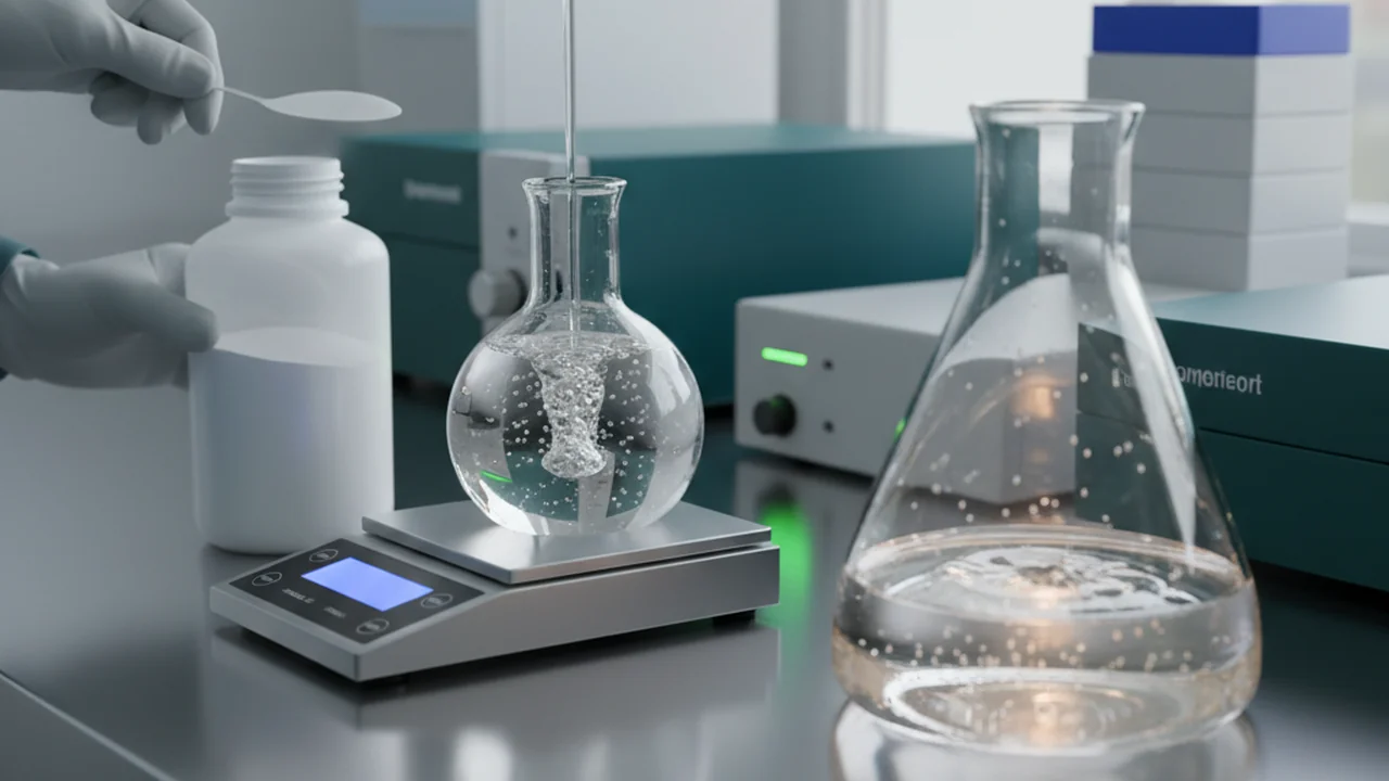 Dissolving agarose powder in buffer in a flask.