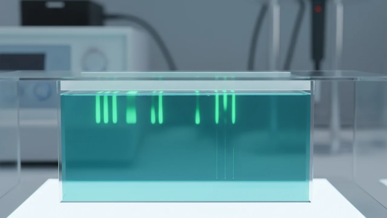 Visual transition showing a successful gel band transforming into a representation of long DNA fragments, with adapters symbolically waiting to be attached. Uses subtle teal and bioluminescent green overlays.