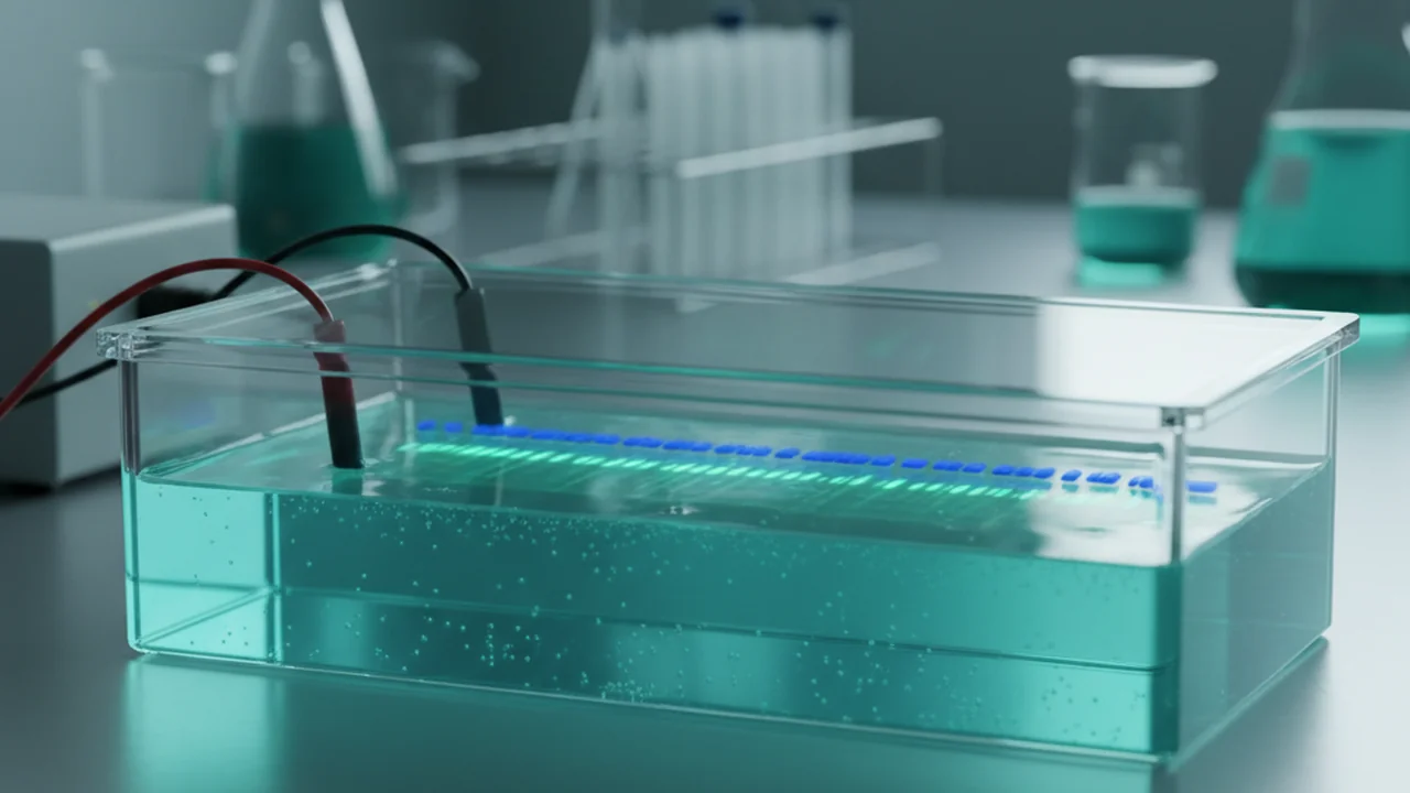 An agarose gel running in a tank with electrodes connected.