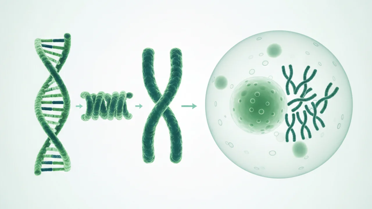 DNA coiling into a chromosome and the full set of chromosomes inside a cell nucleus.