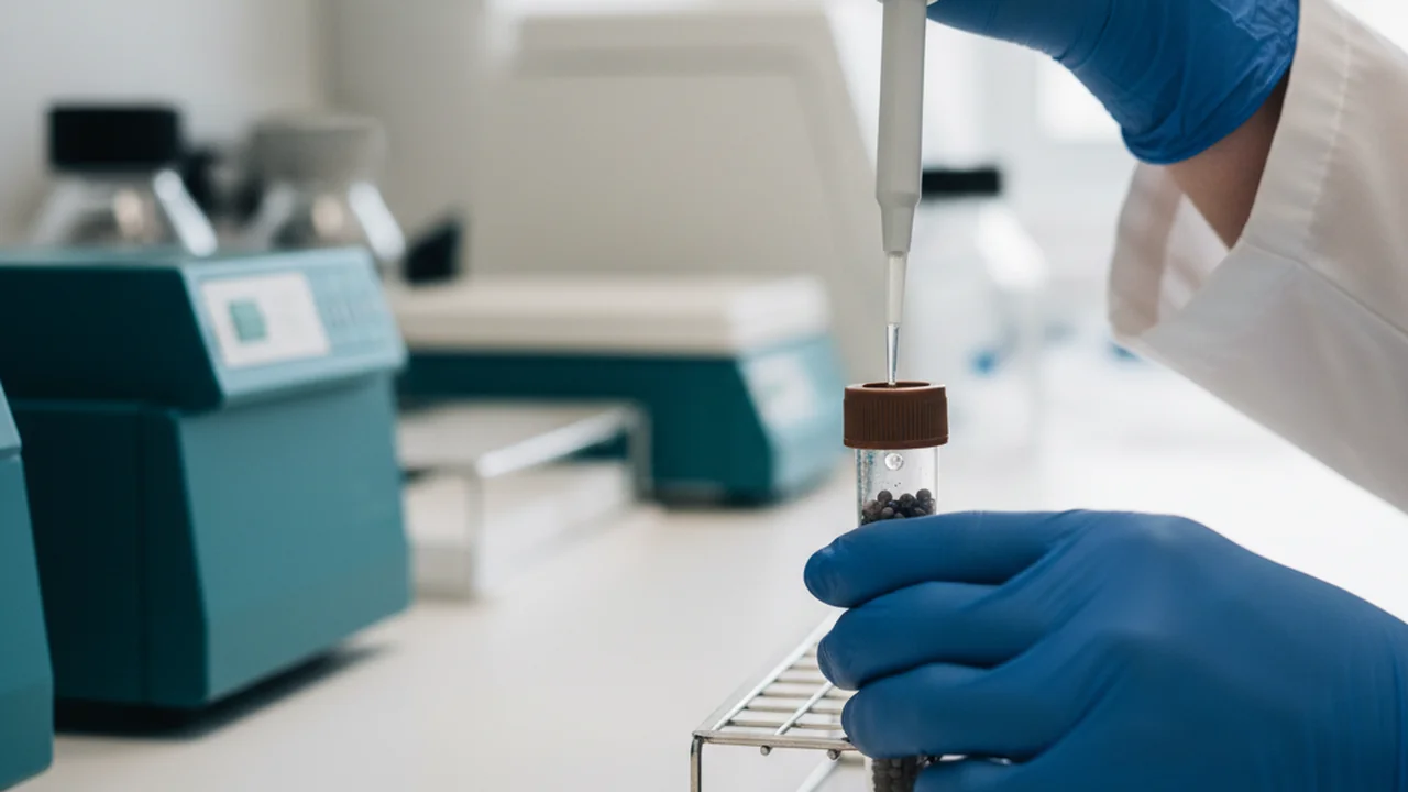 Gloved hands using a pipette to add lysis buffer to a brown cap bead tube containing soil.