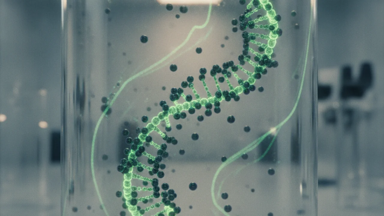 Molecular animation showing luminous DNA strands attaching to the surface of small magnetic beads swirling in liquid.