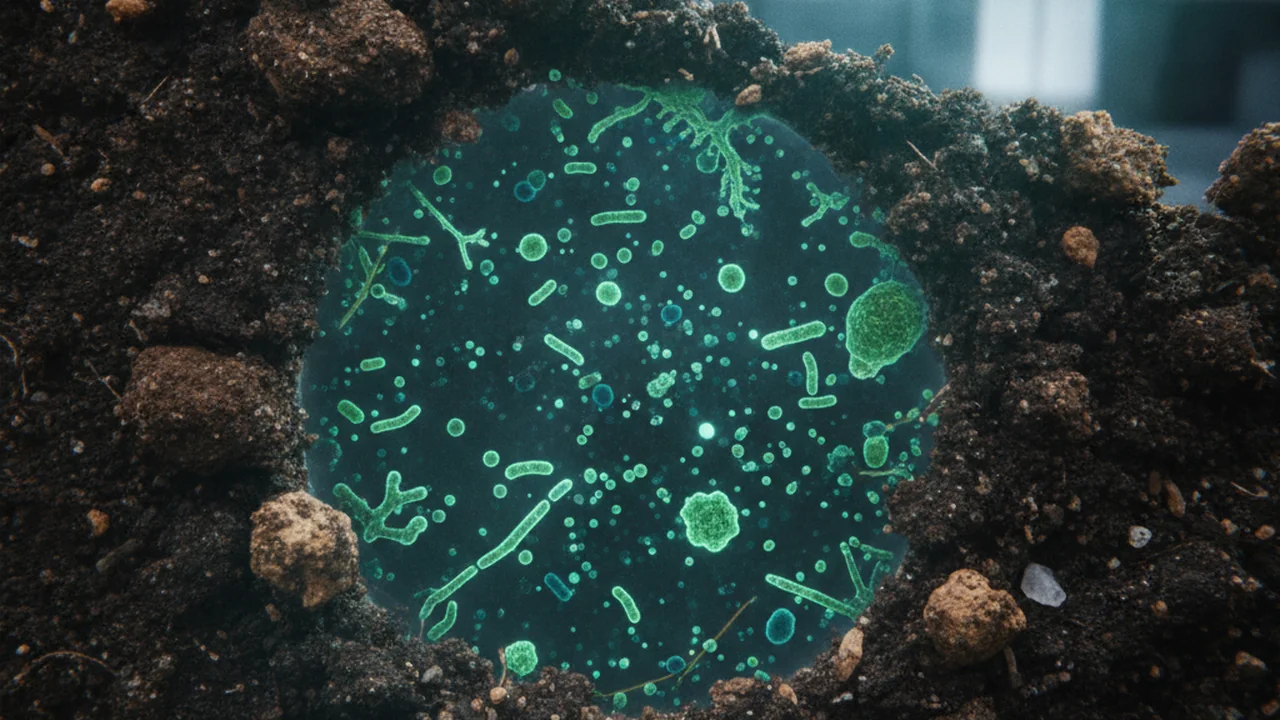 Macro shot of soil particles with an animated cutaway showing microbial cells trapped within them.