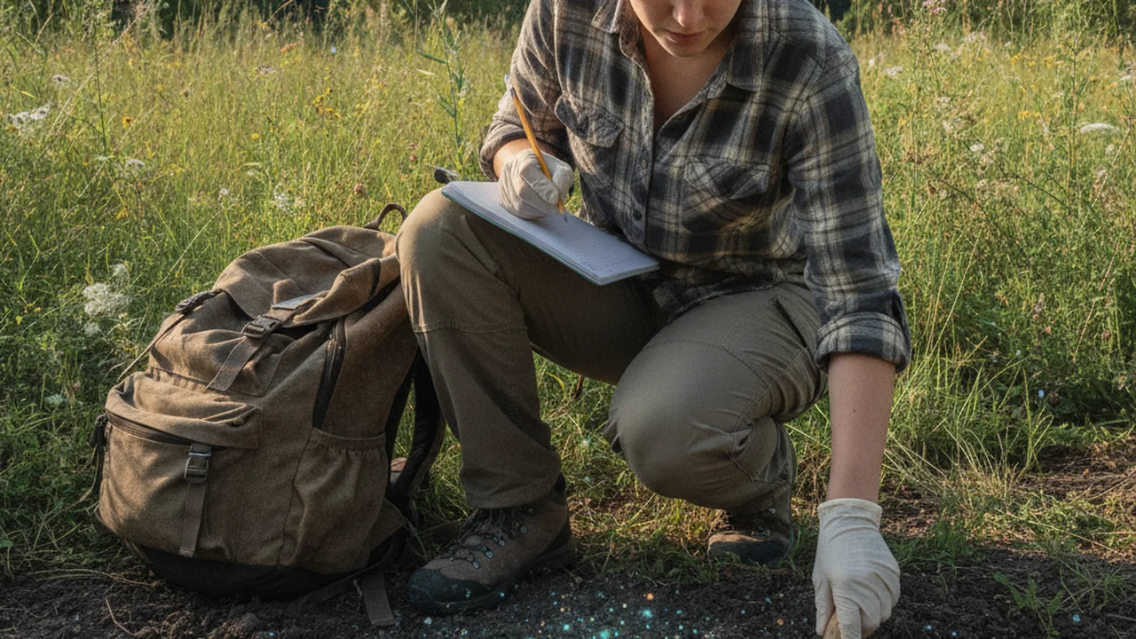 A field scientist crouching at a site, writing in a notebook while observing the soil.