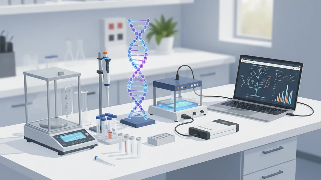 Animated chapter cards showing various lab equipment and processes: measurement tools, a pipette, a DNA helix, a gel electrophoresis setup, a nanopore sequencer, and a data analysis screen.