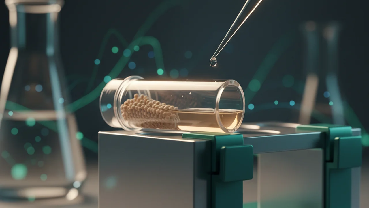 A tube on a magnet with AMPure XP beads pelleted during cleanup.