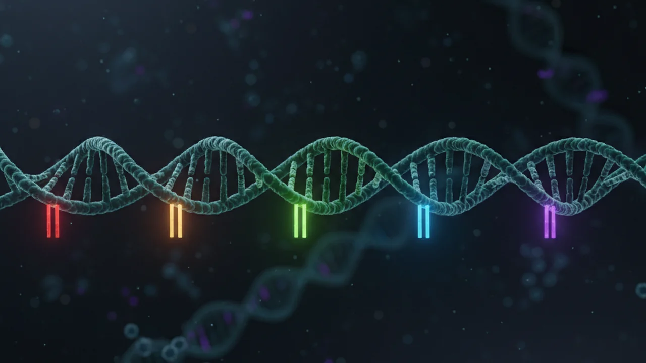 Molecular animation showing a unique barcode adapter, represented as a distinct short DNA sequence with a unique color, locking onto a prepared dA-tailed DNA fragment. The visual emphasizes the specific and irreversible attachment, with other uniquely barcoded DNA fragments also present.