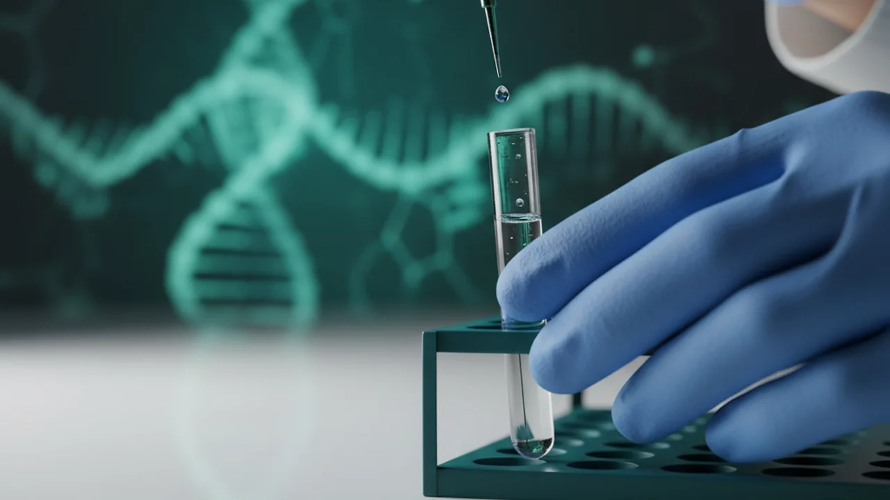 Gloved hands pipetting reagents into a tube for the master mix.