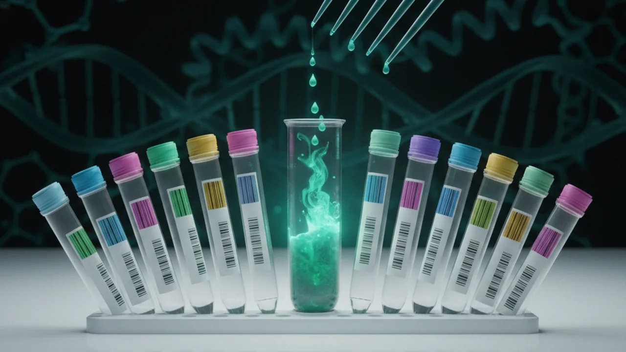 Animated visual depicting several separate colored sample tubes, each representing a unique barcoded DNA sample. These individual samples are shown flowing and combining into a single, larger LoBind tube. The animation highlights that while the samples mix, the unique barcodes within each DNA strand remain distinct and identifiable.