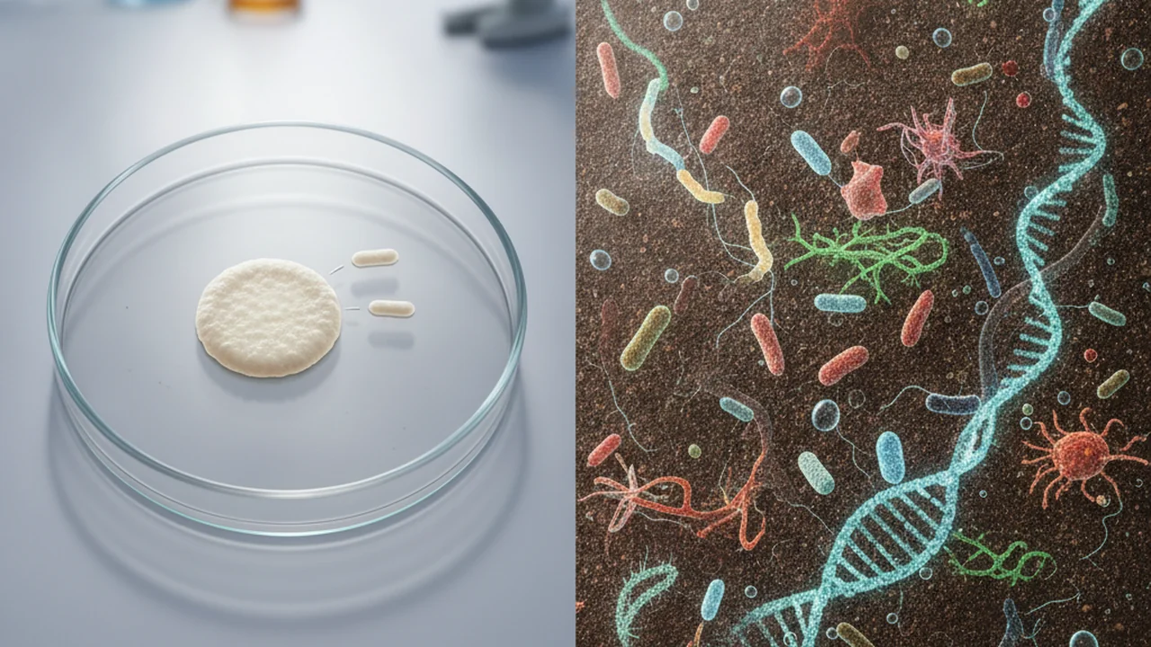 Split illustration contrasting a single cultured bacterial colony in a petri dish with a diverse microbial community in soil, threaded by DNA strands
