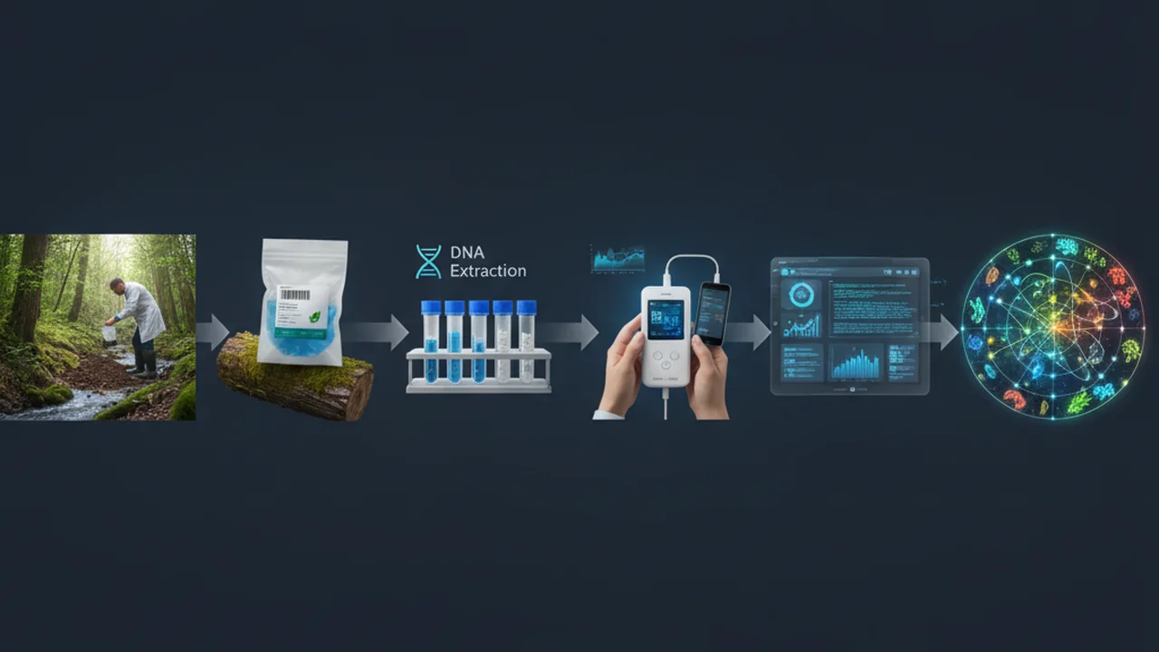 Diagram showing a scientific pipeline: field site, sample bag, DNA extraction, sequencing device, data dashboard, and discovery map.