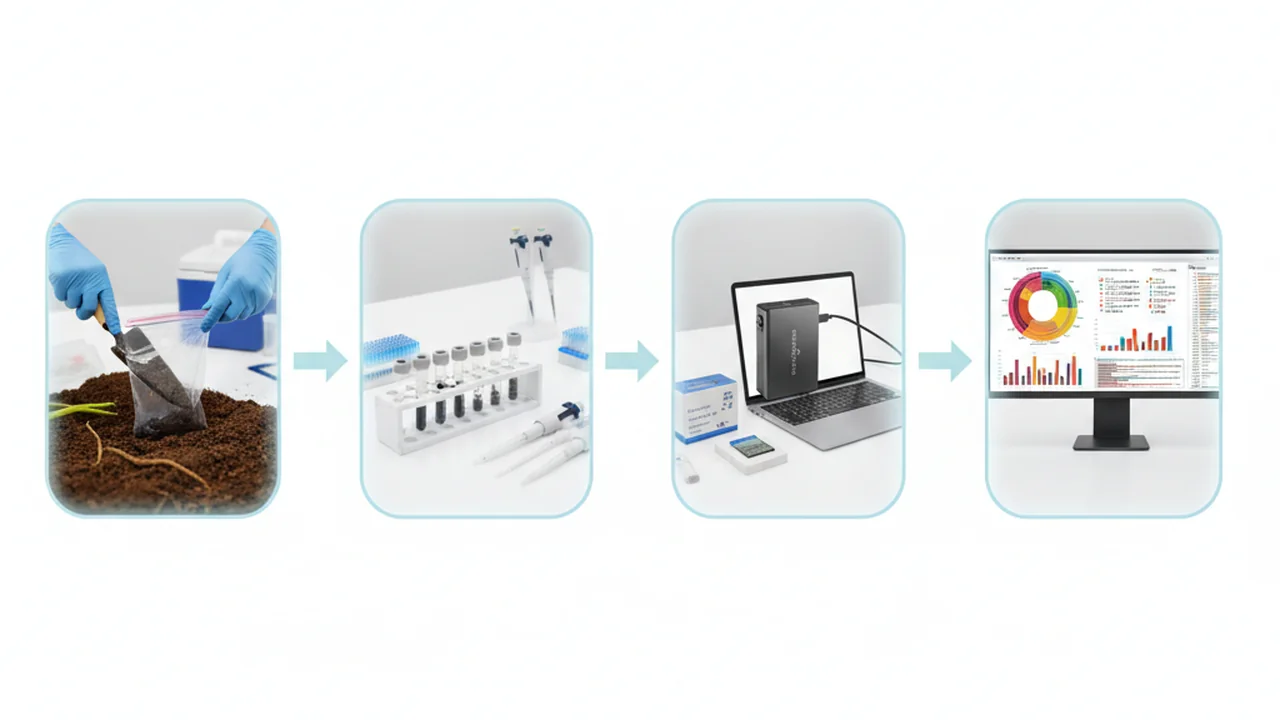 Four-stage metagenomics workflow: field sampling, DNA extraction, Nanopore sequencing, and data analysis