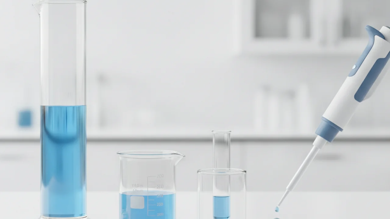 Laboratory glassware decreasing in size from a one-liter graduated cylinder to a single microliter droplet on a micropipette, illustrating the base-10 metric scale