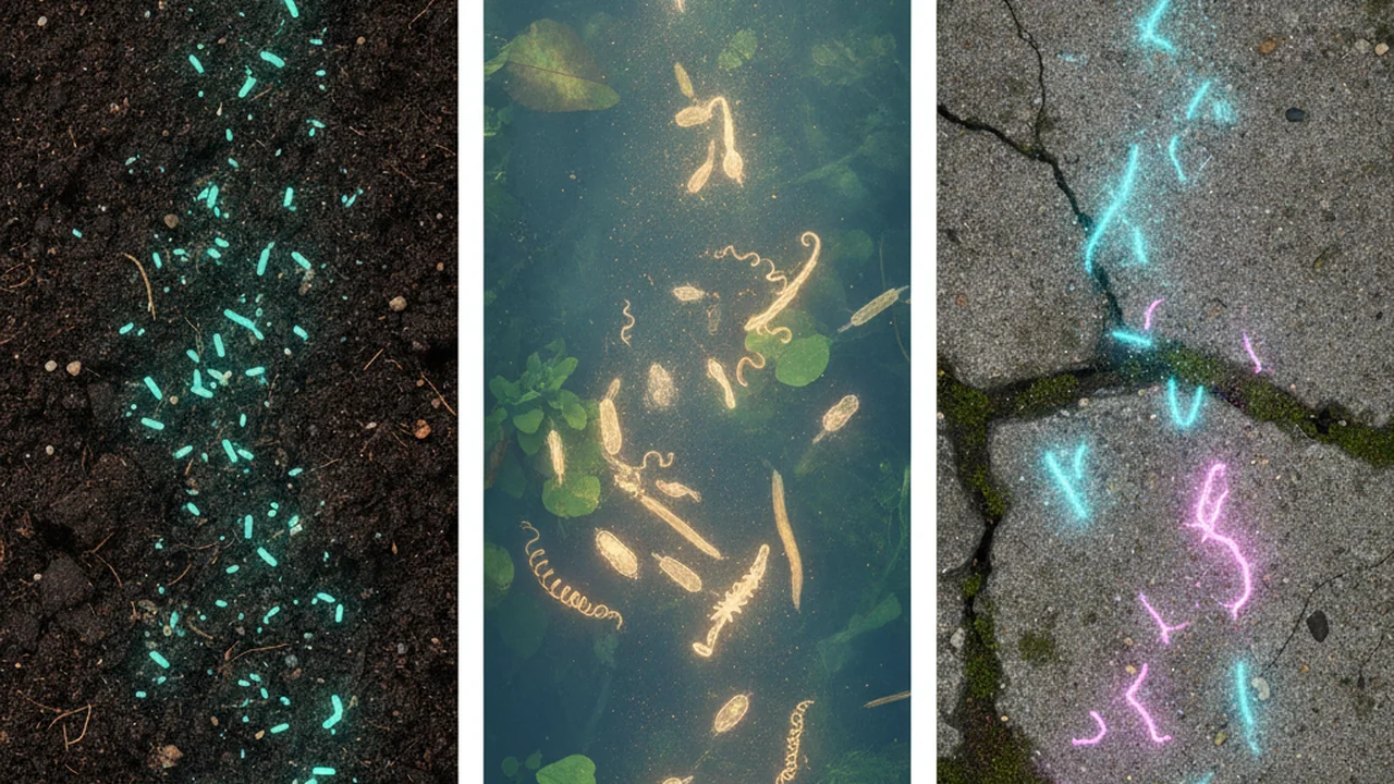 Cinematic macro shots of soil, pond water, and city surfaces, with glowing animated microbes emerging from each environment.