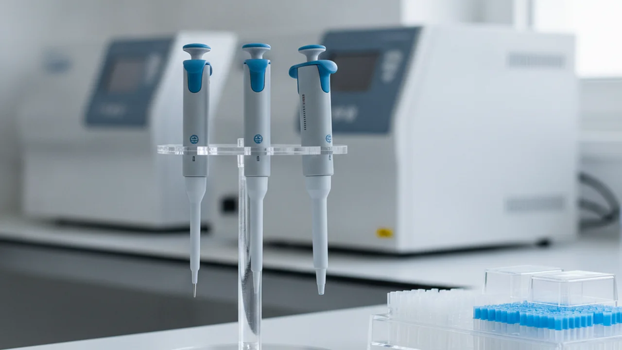 A set of graduated laboratory micropipettes of different sizes in a stand with disposable pipette tip boxes