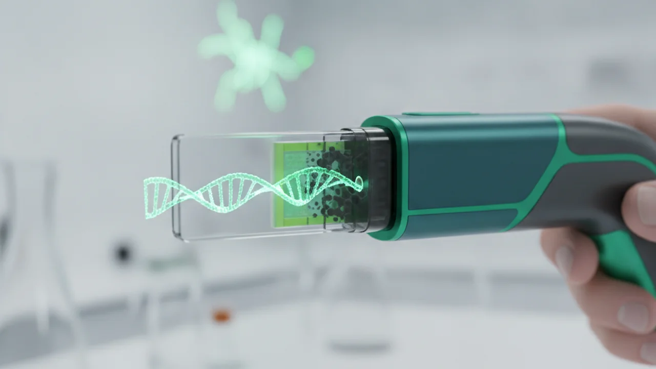 Hero shot of an Oxford Nanopore MinION or Mk1C-style device with a flow cell inserted. Animated DNA strands are shown passing through nanopores, generating electrical signal traces.