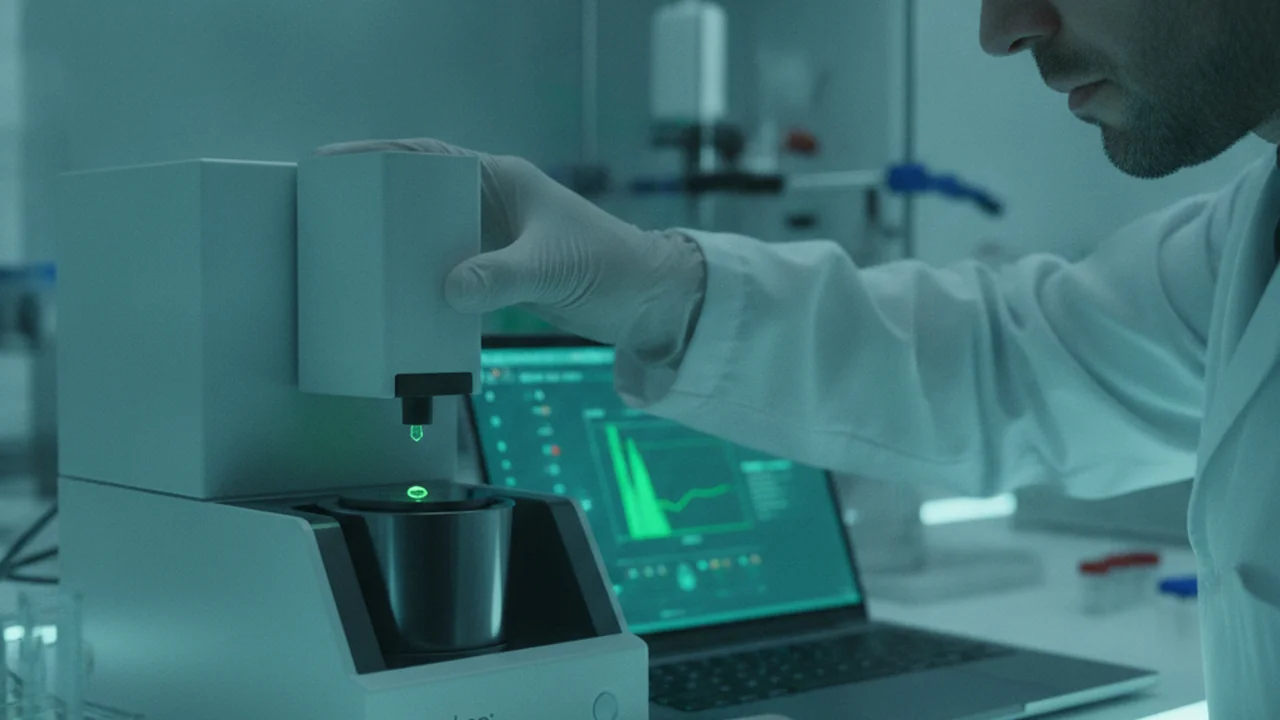 A scientist operating a Nanodrop spectrophotometer and reading the result on screen.
