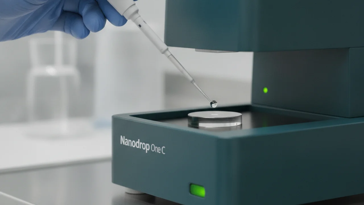 A gloved hand pipetting a 1-2 microliter droplet onto a Nanodrop pedestal.