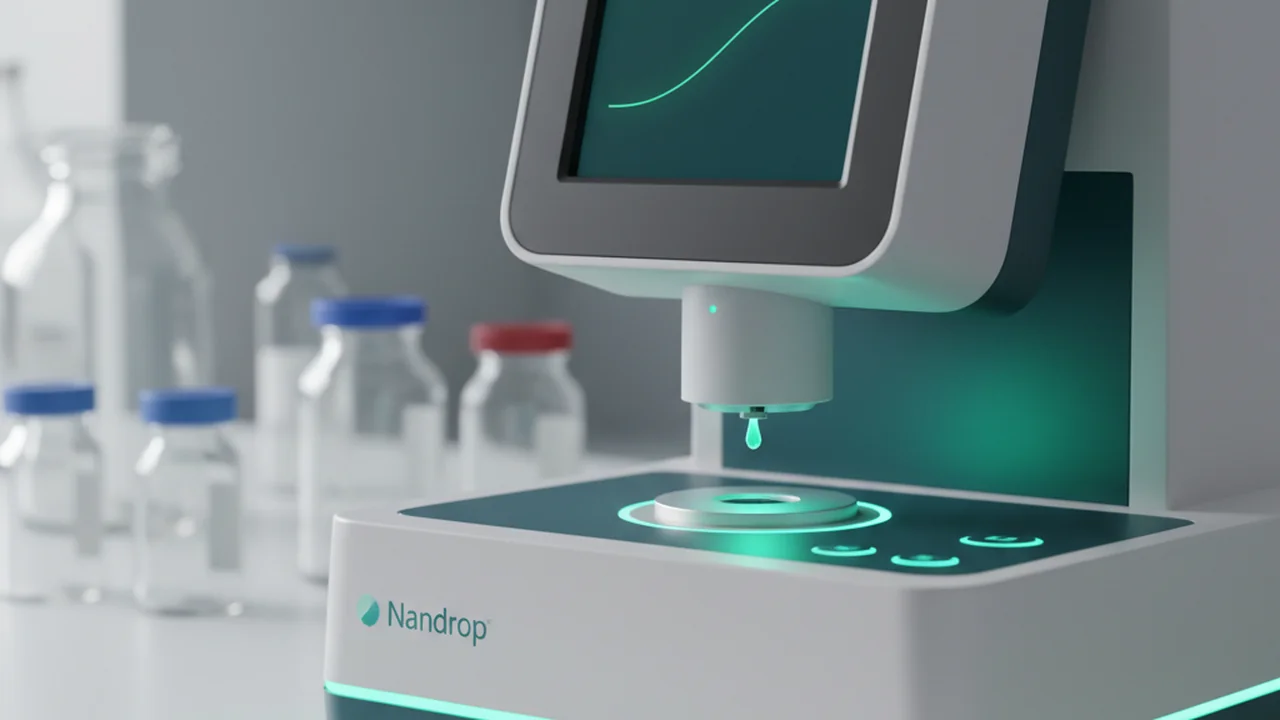 A Nanodrop spectrophotometer measuring a droplet of DNA with an absorbance curve on screen.