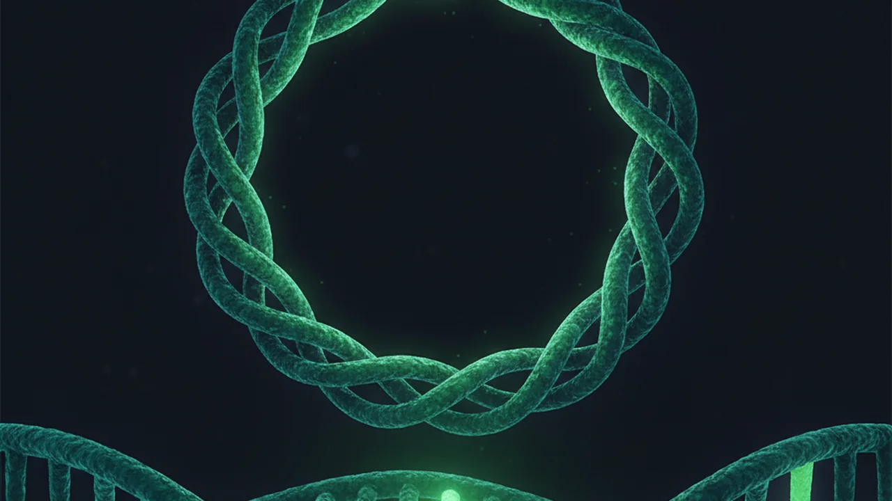 Stylized bacterial chromosome with a zoomed-in view of the 16S rDNA gene, highlighting the nine variable regions (V1-V9), with the V4 region specifically illuminated.
