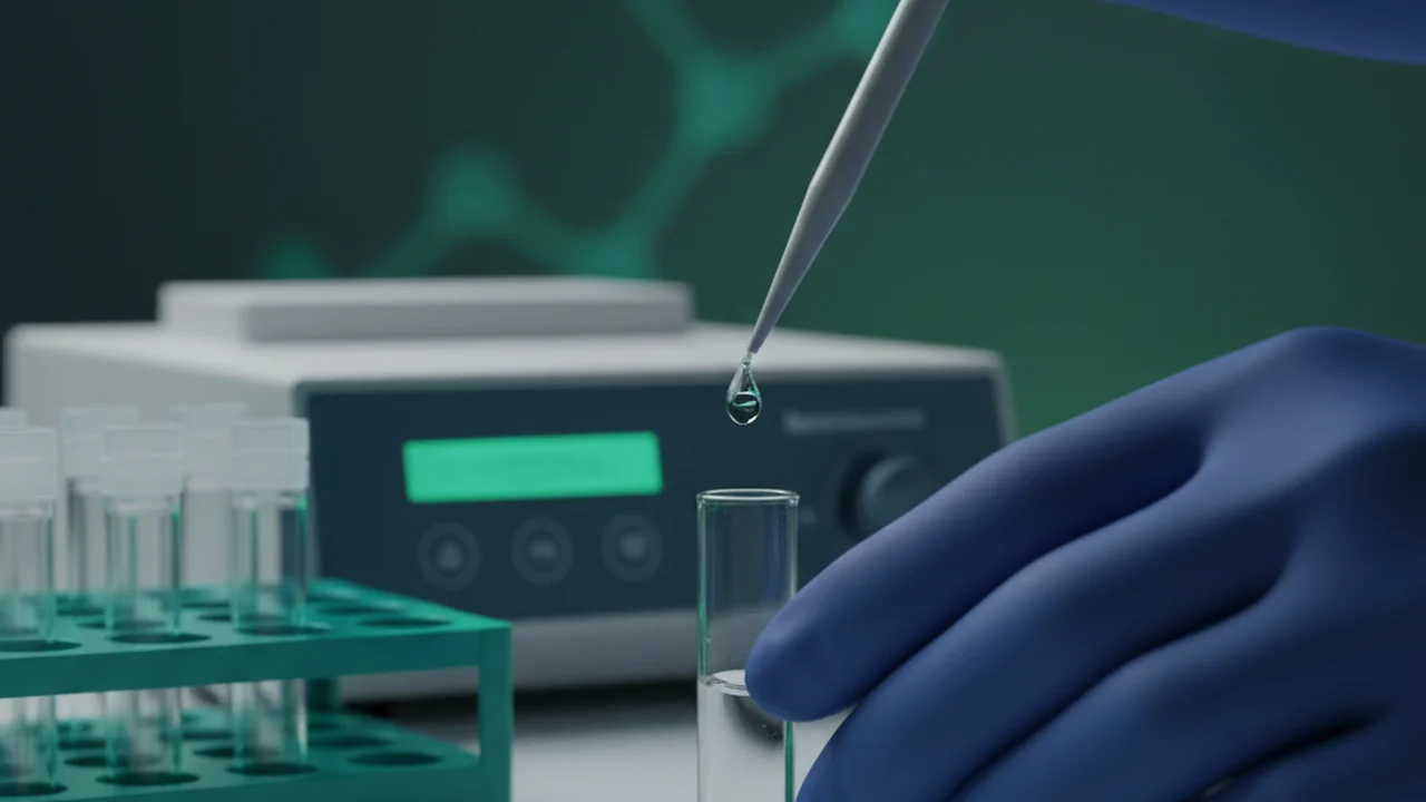 Macro shot of gloved hands using a pipette to add 1 microliter of extracted DNA into a 0.2 ml PCR tube containing a green master mix, followed by a gentle tap, quick spin, and placement into a thermal cycler.