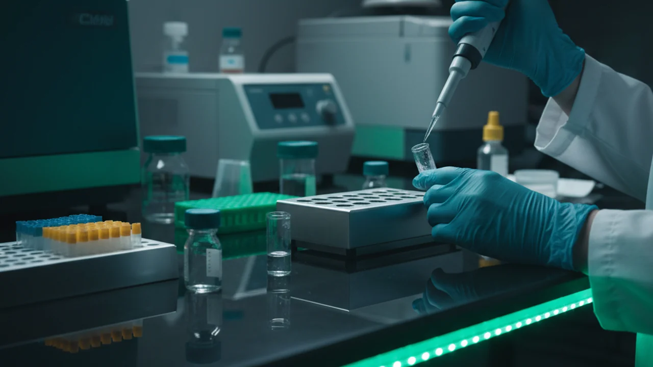 Gloved hands assembling a PCR master mix on a cold block.