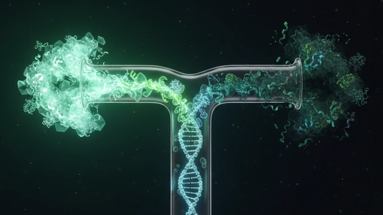 Extracted DNA tube with two diverging paths, one leading to 'successful amplification' and the other to 'inhibited reaction', illustrating the purity problem.