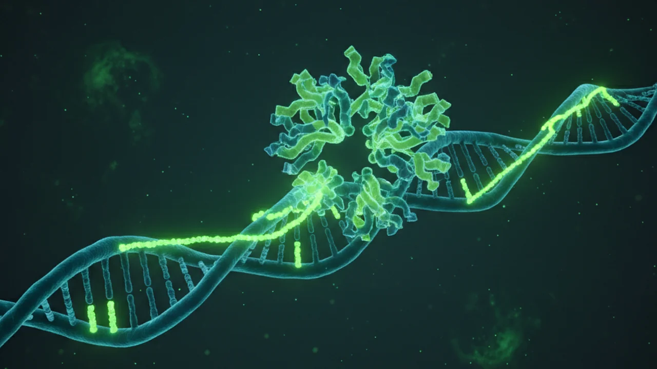 Molecular animation showing a DNA strand, primers binding to target sequences, and the DNA polymerase extending new strands, with visual progression showing exponential doubling of copies (2, 4, 8, 16).