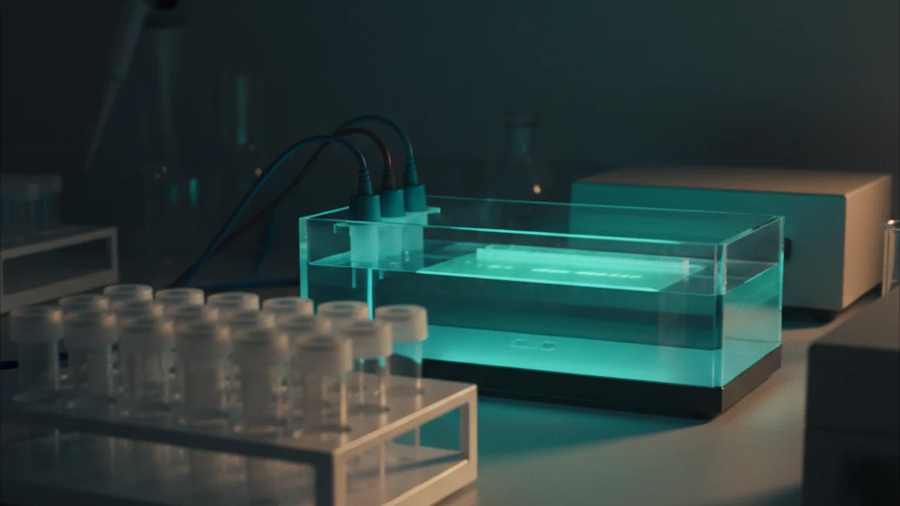 PCR tubes moving in a cinematic shot towards a glowing agarose gel electrophoresis apparatus in a dimly lit laboratory, symbolizing the next step in the workflow.