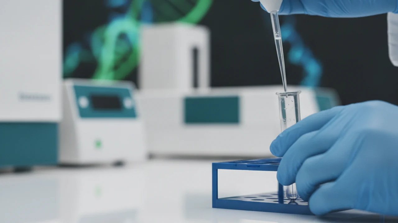 Macro laboratory shot of gloved hands pipetting reagents into a LoBind tube on a clean bench, showing a pooled barcoded sample, adapter mix, ligation buffer, and T4 DNA ligase being combined.