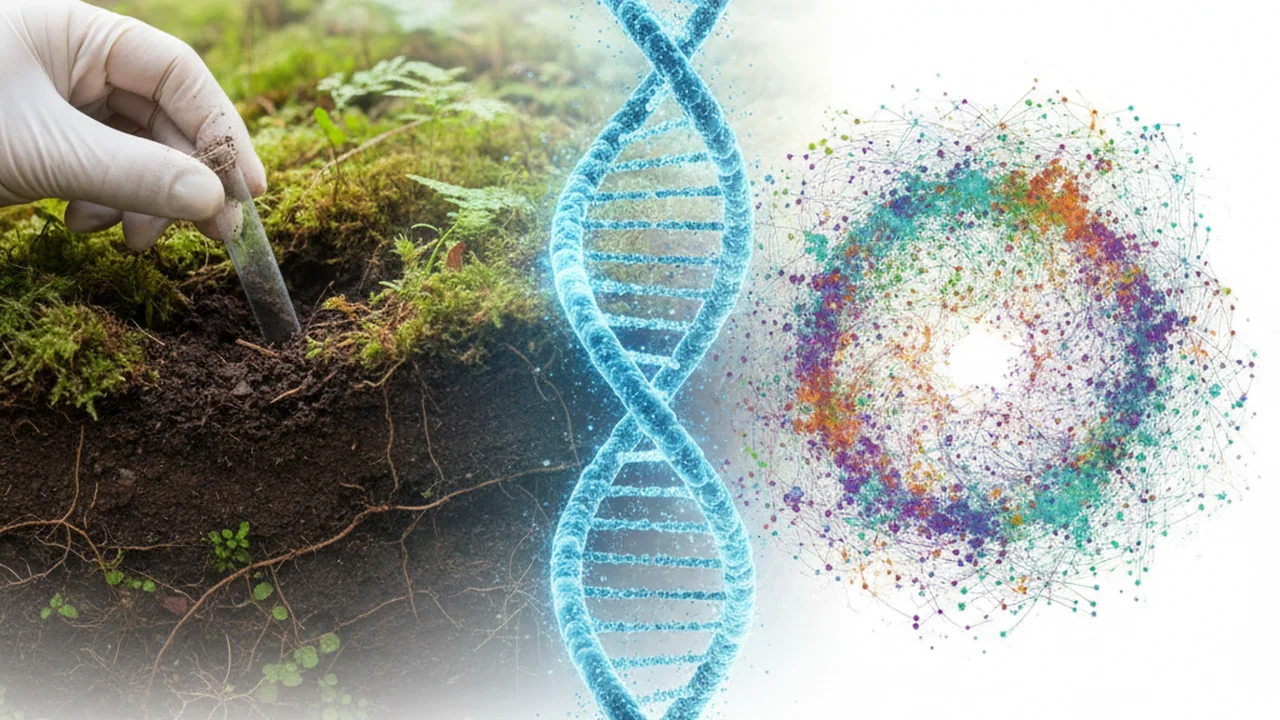 A visual transition from a natural sample site dissolving into a glowing DNA helix and a complex data map.