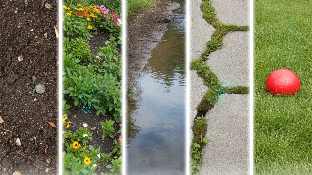 Visual montage of various possible sampling sites: a patch of park soil, a garden bed, the edge of a creek, a public walkway, and a schoolyard. Subtle animated question marks and microscope icons overlay the scenes.